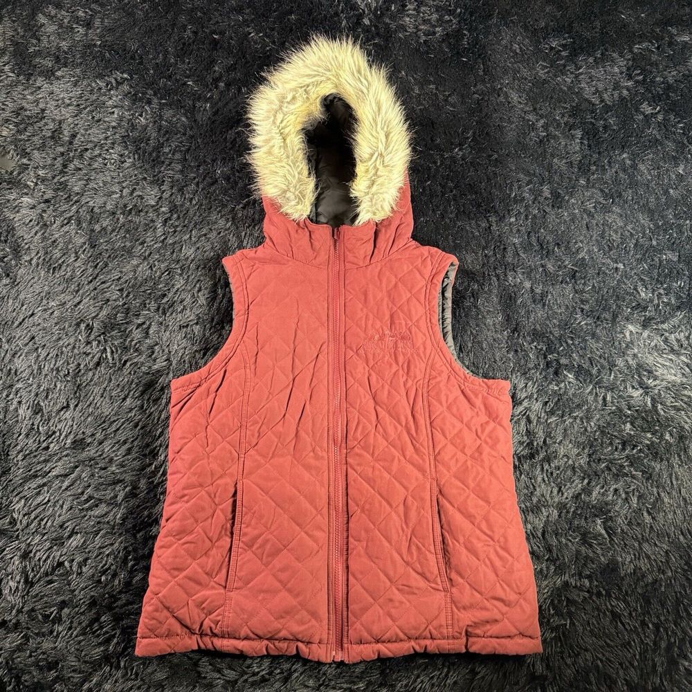 Outback Trading Co. Reversible Quilted Vest Womens L Faux Fur Hood Western Ranch